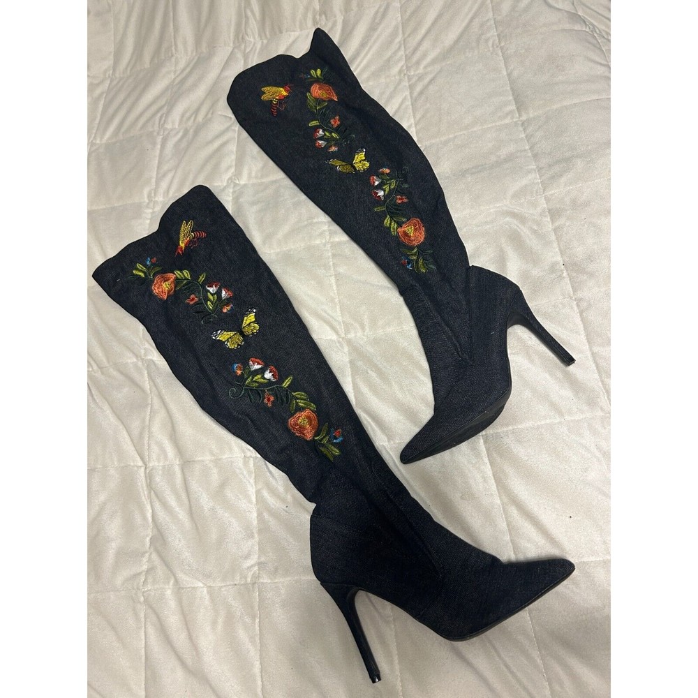 Cape Robbins Thigh High Denim Embroidered Boots 8.5 Heeled Butterfly Flower